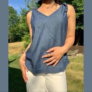 adorable tie-shoulder denim top.